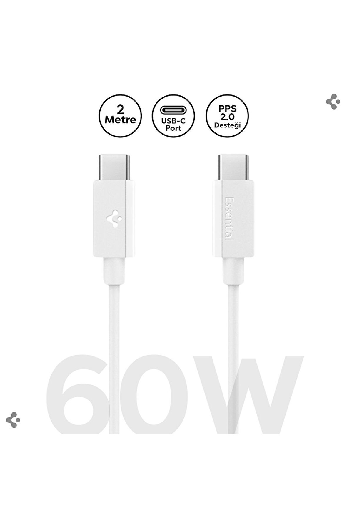 Spigen Essential 2M USB-C to USB-C 60W Kablo ACA08719 Beyaz