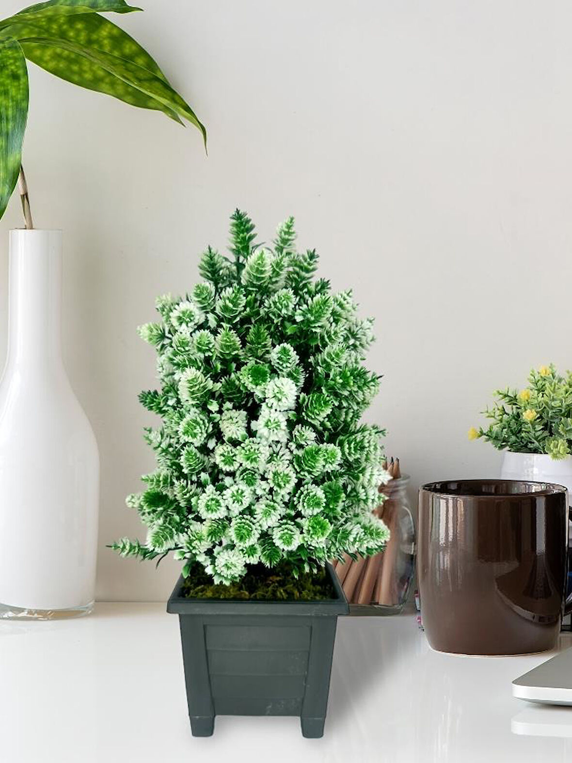 Yapay Çiçek Bonsai Ağacı Beyaz Kozalak Model Dekoratif Yapay Ağaç Bonzai 30*15 CM Siyah Kare Saksıda