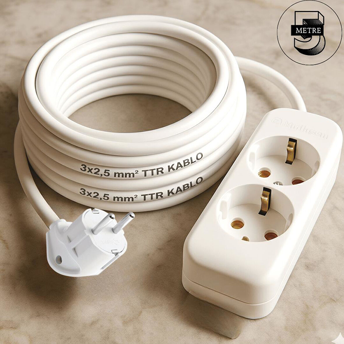 Acaroğlu - 5 Metre 3x2,5mm² TTR Kablo | İkili Uzatma Grup Priz