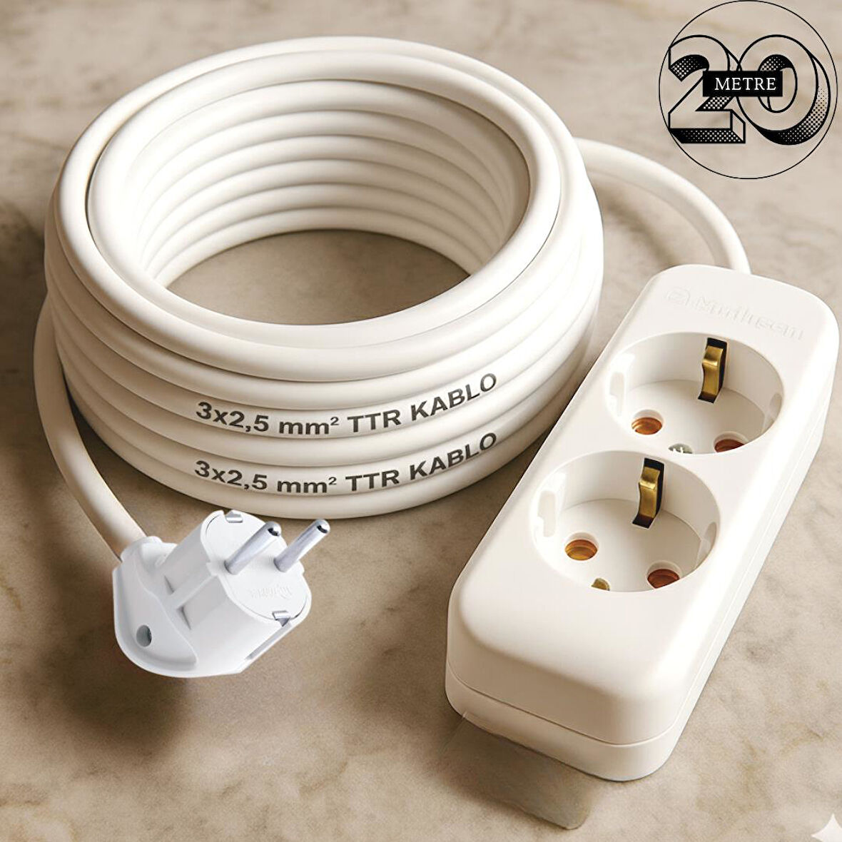 Acaroğlu - 20 Metre 3x2,5mm² TTR Kablo | İkili Uzatma Grup Priz
