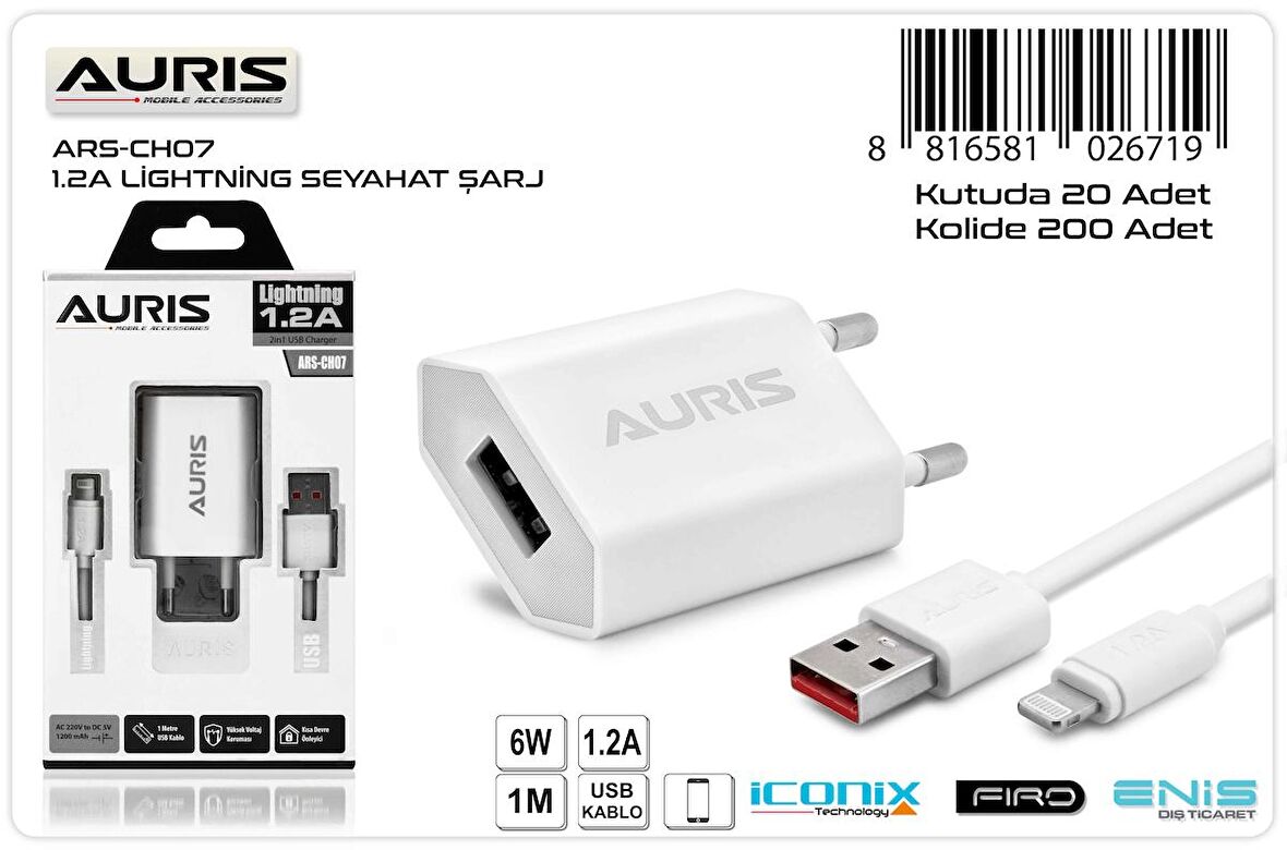 Auris ARS-CH07 Lightning Set 1.2A Şarj Cihazı