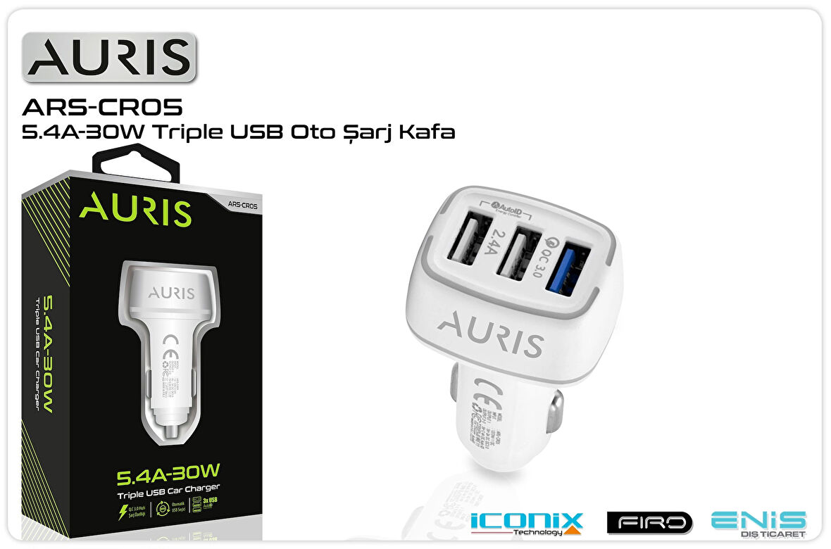Şarj Aleti Araç 3 Port 30W 5.4A Auris ARS-CR05