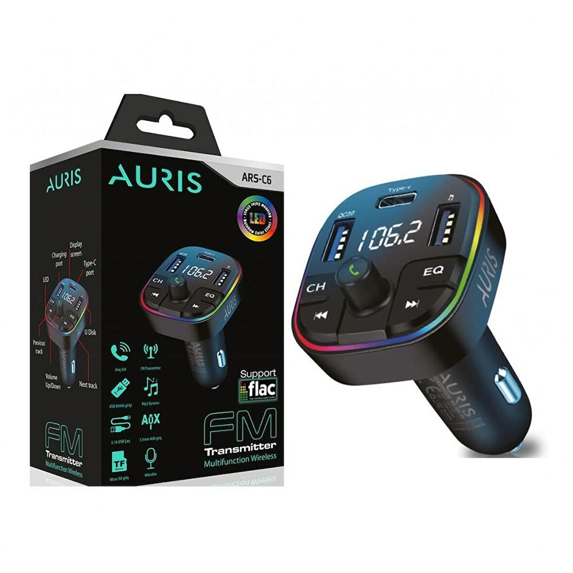 AURIS ARS-C6 FM Transmitter ve Hızlı Şarj Cihazı (2xUSB + PD Destekli)