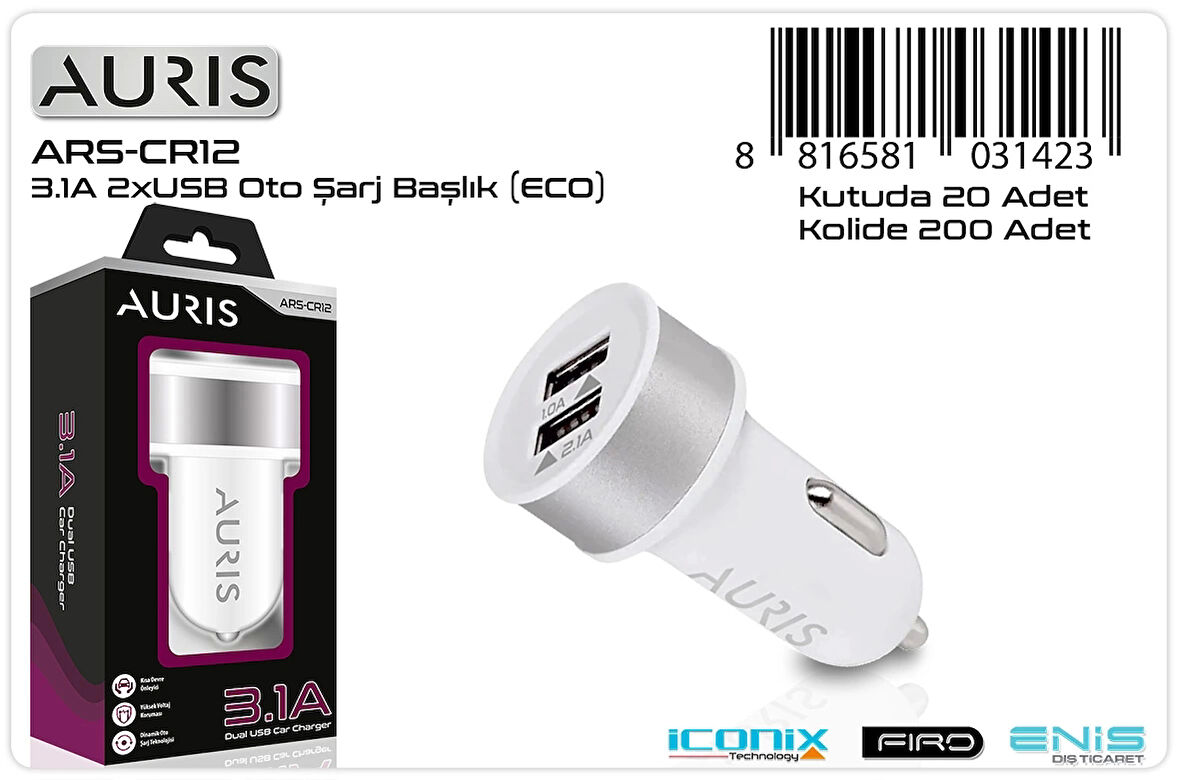 Şarj Aleti Araç 2 Port 3.1A Auris ARS-CR12