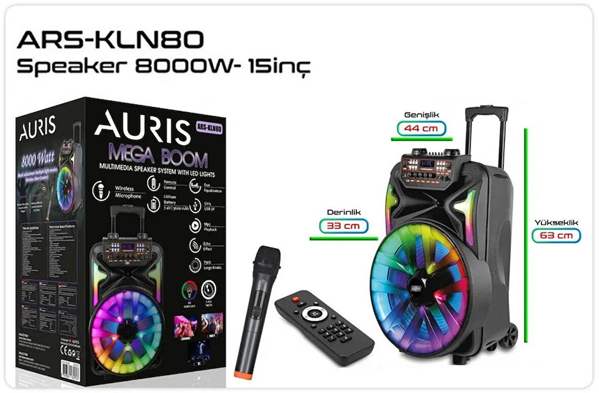 ARS-KLN80 8000W Dev Boy Profesyonel Bluetooth Parti Hoparlör - RGB Işıklı Kablosuz Mikrofon ve Kumanda
