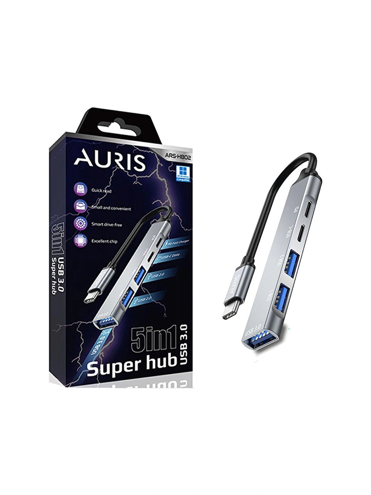 Auris Metal Type C To 5 Portlu USB 3.0 PD Çevirici Hub Adaptör
