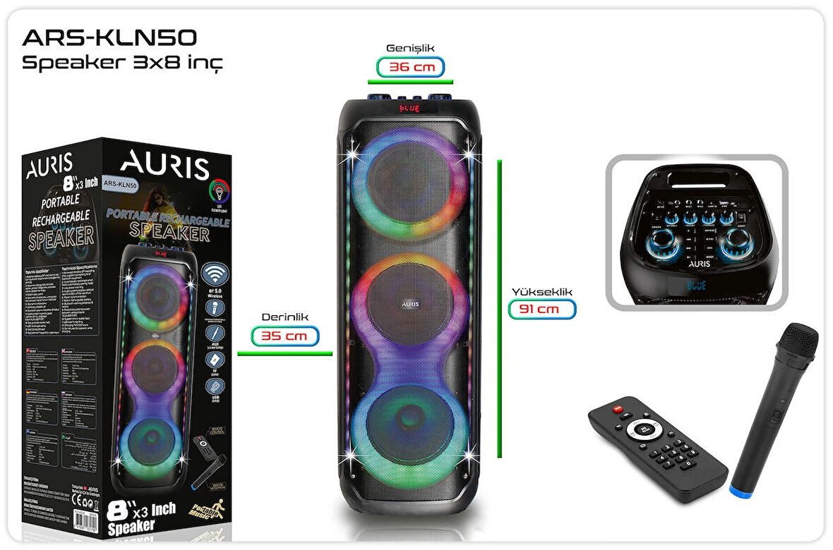 AURIS ARS-KLN50 Profesyonel Bluetooth Parti Hoparlörü - RGB Işıklı, Kablosuz Mikrofon, Uzaktan Kumanda - Karaoke