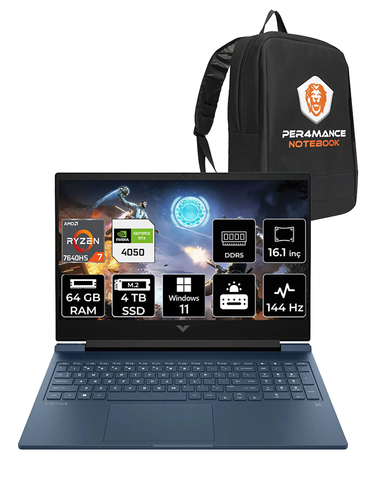 HP Victus 16 R7 7840HS 64GB RAM 4TB SSD RTX4050/6GB 144Hz 16.1'' FHD W11P Gaming Laptop & PER4 ÇANTA