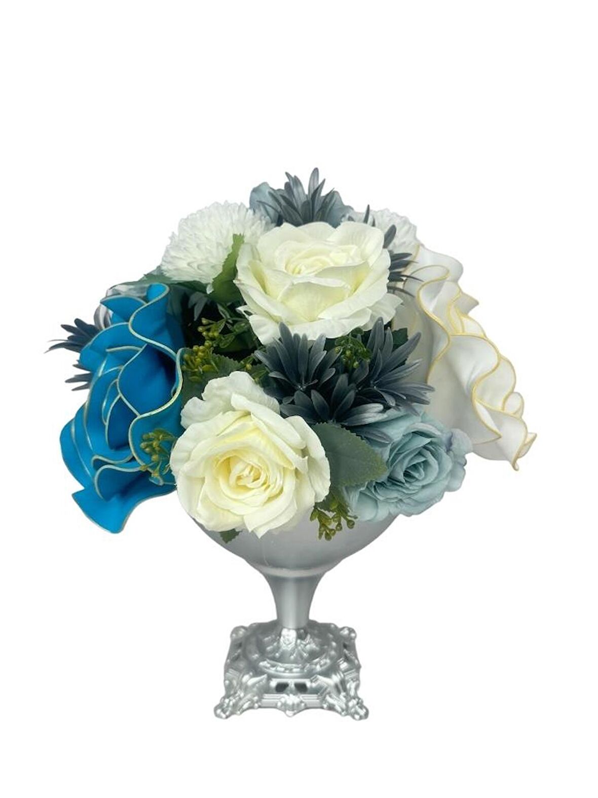 Yapay Çiçek Aranjmanı Büyük Boy Mavi Beyaz Tonlar Gümüş Metal Vazolu Arajman Nişan Kız İsteme Çiçeği