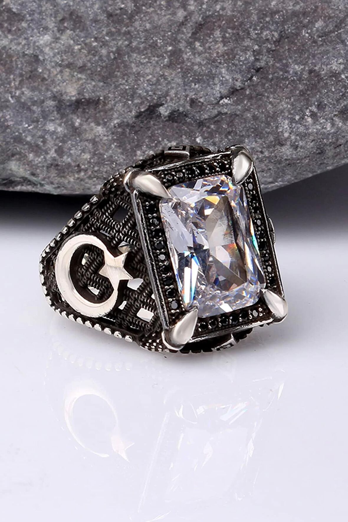 925 Ayar Gümüş Zirkon Taşlı Ayyıldız Motifli Erkek Yüzük Silver