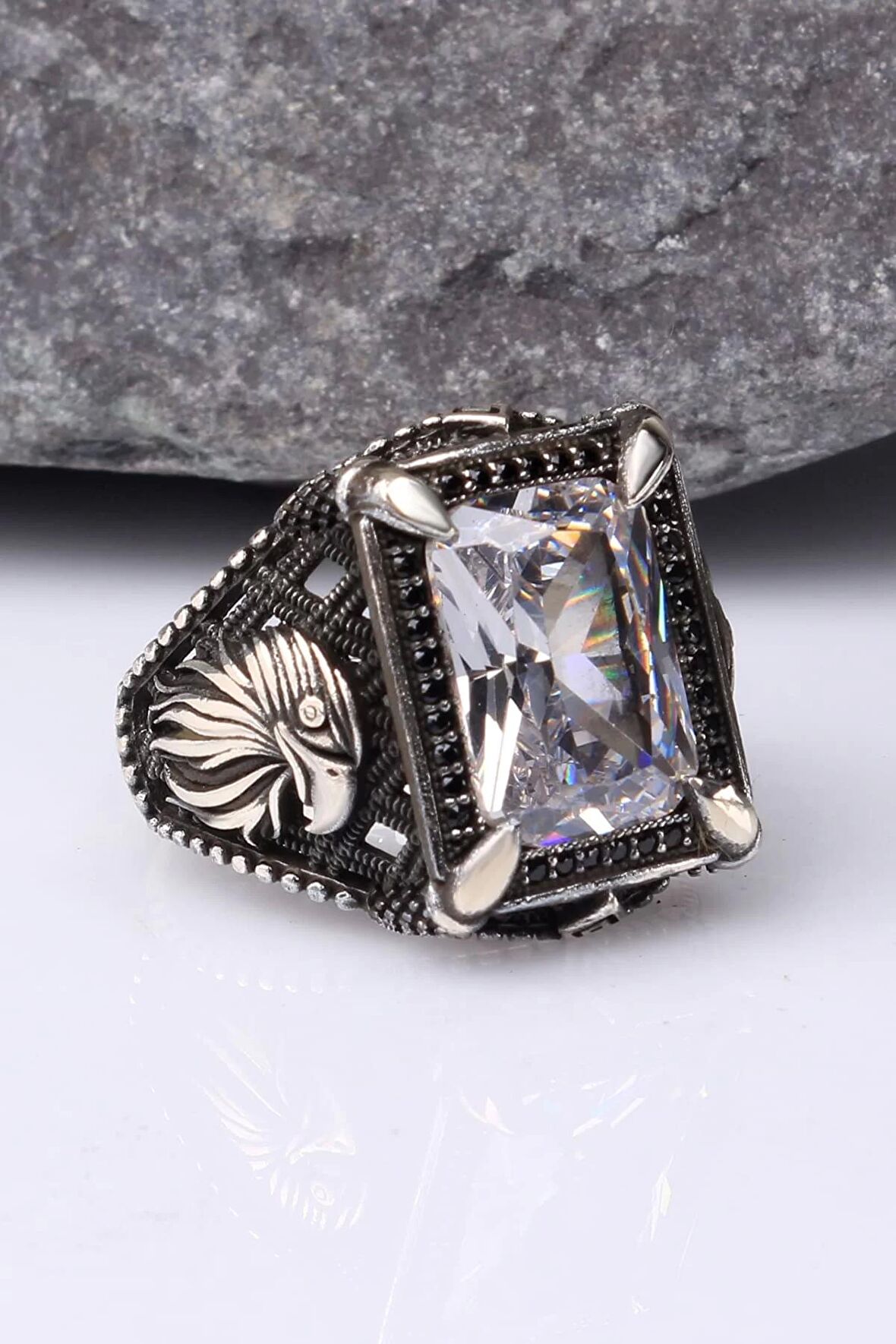 925 AyarGümüş Zirkon Taşlı Kartal Motifli Erkek Yüzük Silver