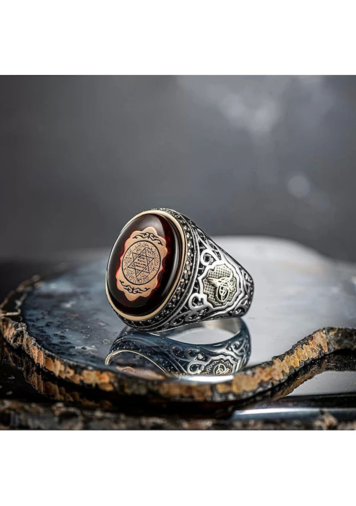 925 Ayar Gümüş Kehribar Taşlı Hz.süleyman Mührü İşlemeli Yanları Osmanlı Tuğralı Erkek Yüzük
