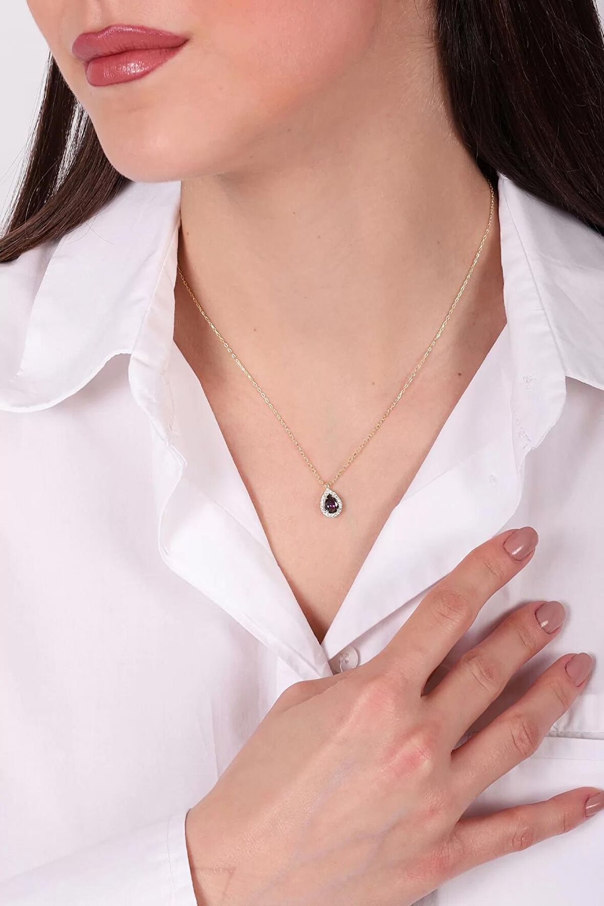 925 Ayar Zirkon Taşlı Damla Model Altın Kaplama Kolye