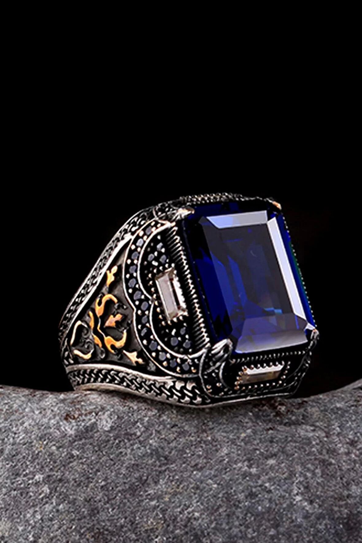 925 Ayar Gümüş Mavi Zirkon Taşlı Erkek Yüzük Silver