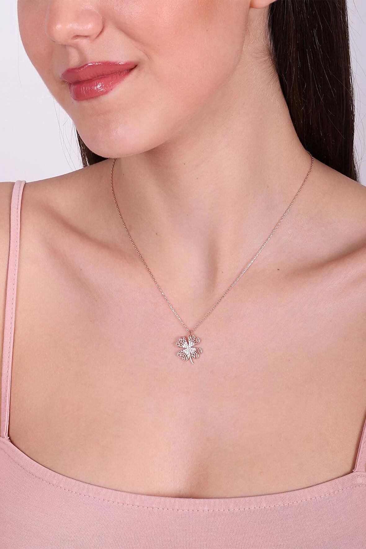 925 Ayar Zirkon Taşı Süslemeli Dört Yapraklı Yonca Kolye - Rose