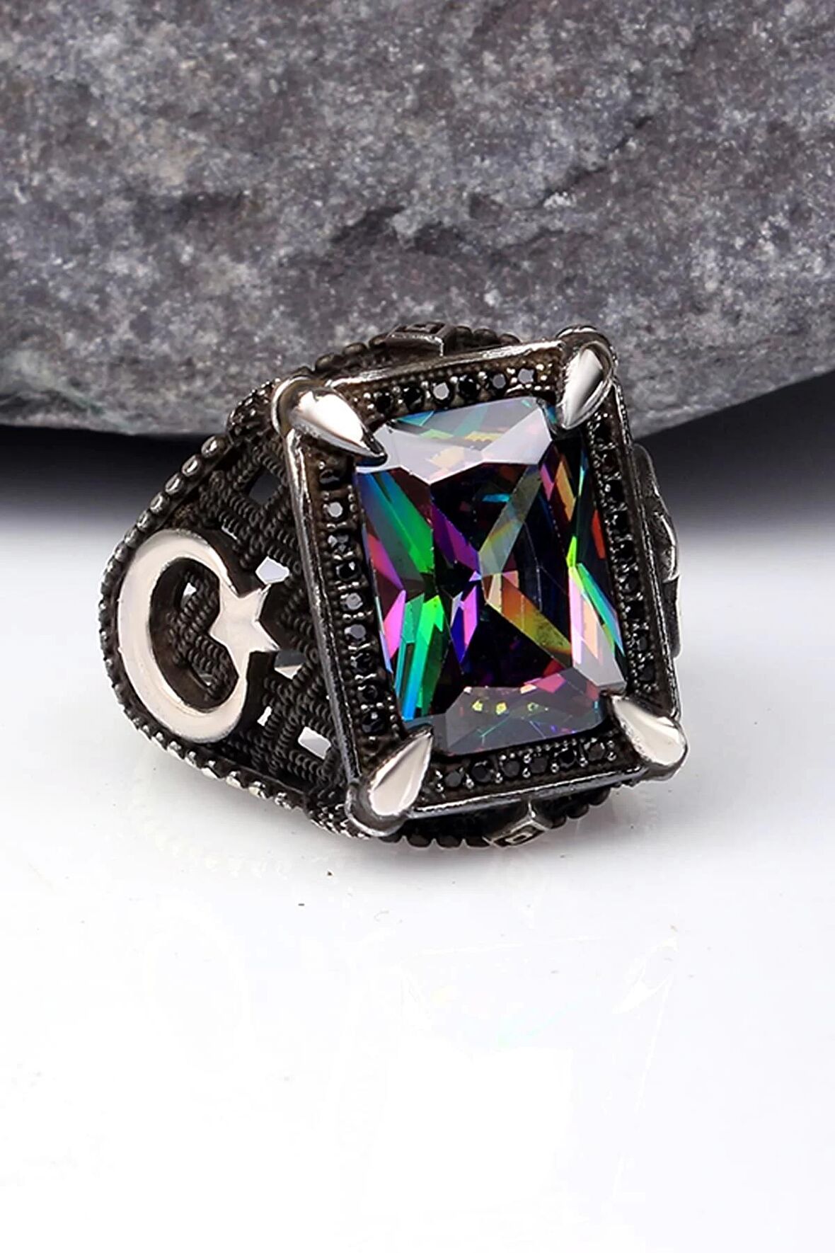 925 Ayar Gümüş Mistik Topaz Taşlı Ayyıldız Motifli Erkek Yüzük Silver