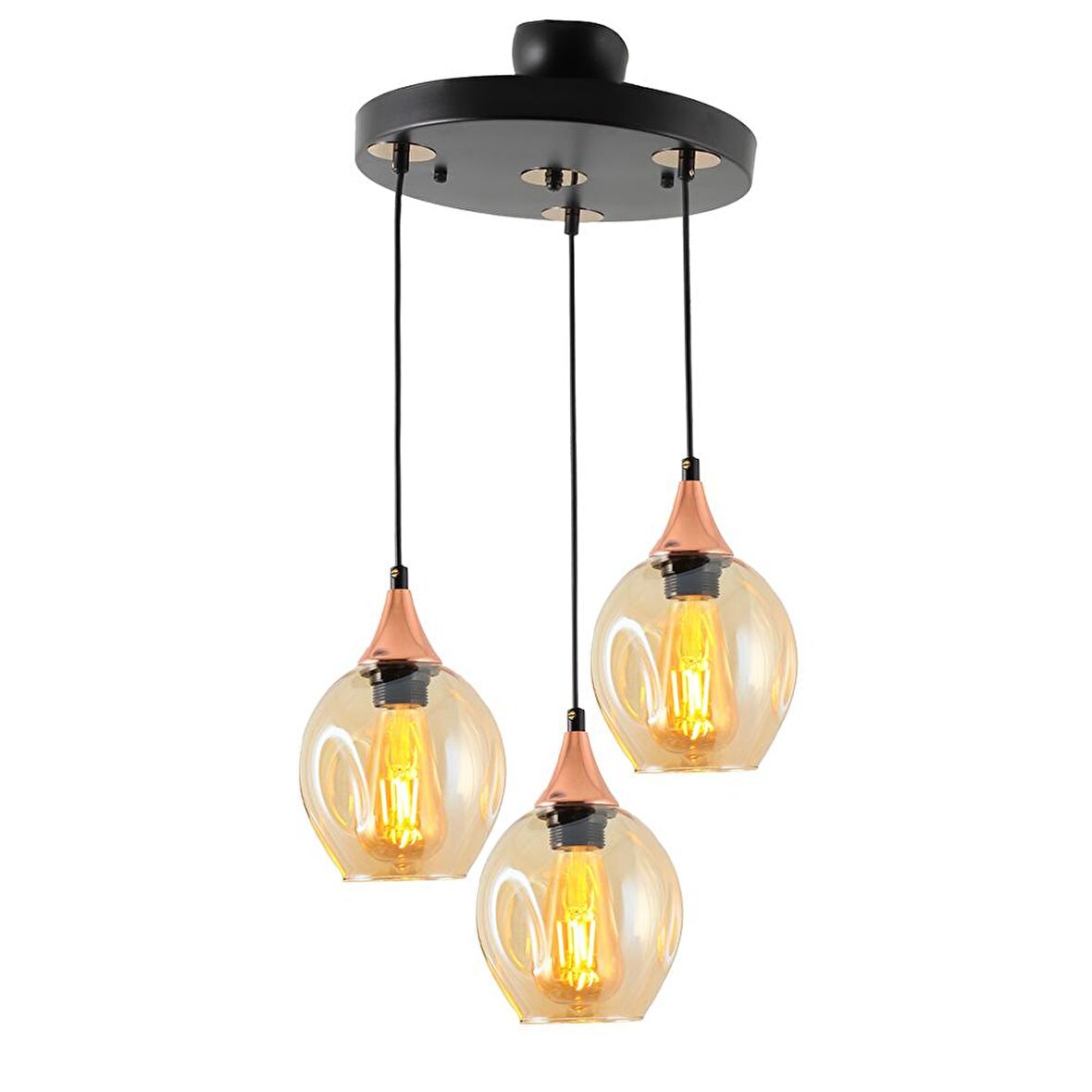 TT209-3Y-SY TT Aydınlatma Basık Camlı Siyah - Bakır 3 lü Yuvarlak Avize