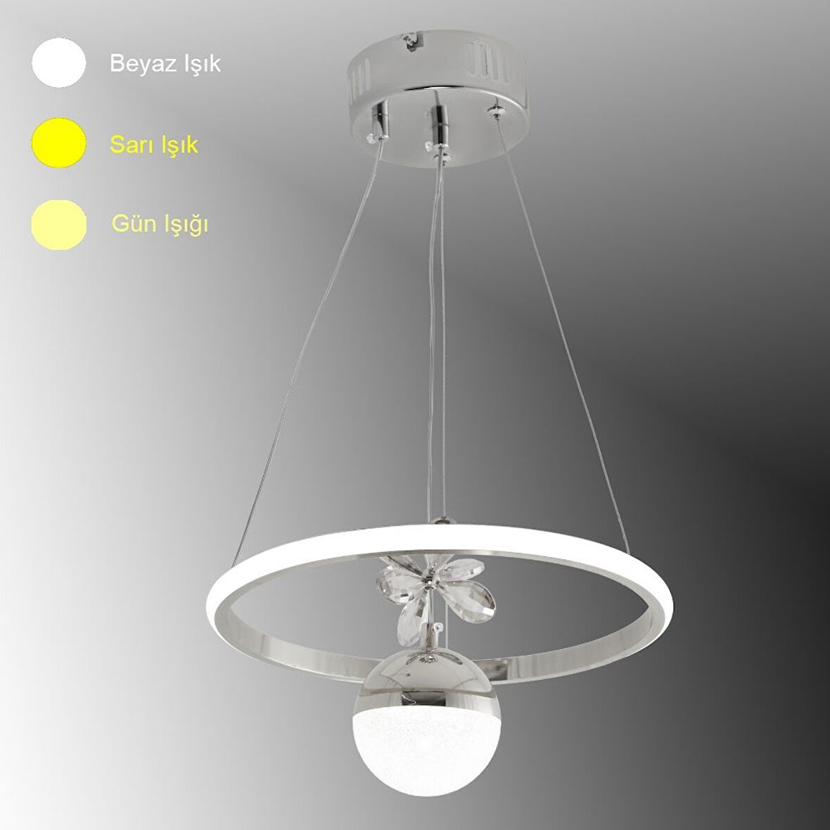 TT037-YUV-KR TT Aydınlatma Halka Model Krom Kaplama Tek Toplu 3 Renk Led Avize