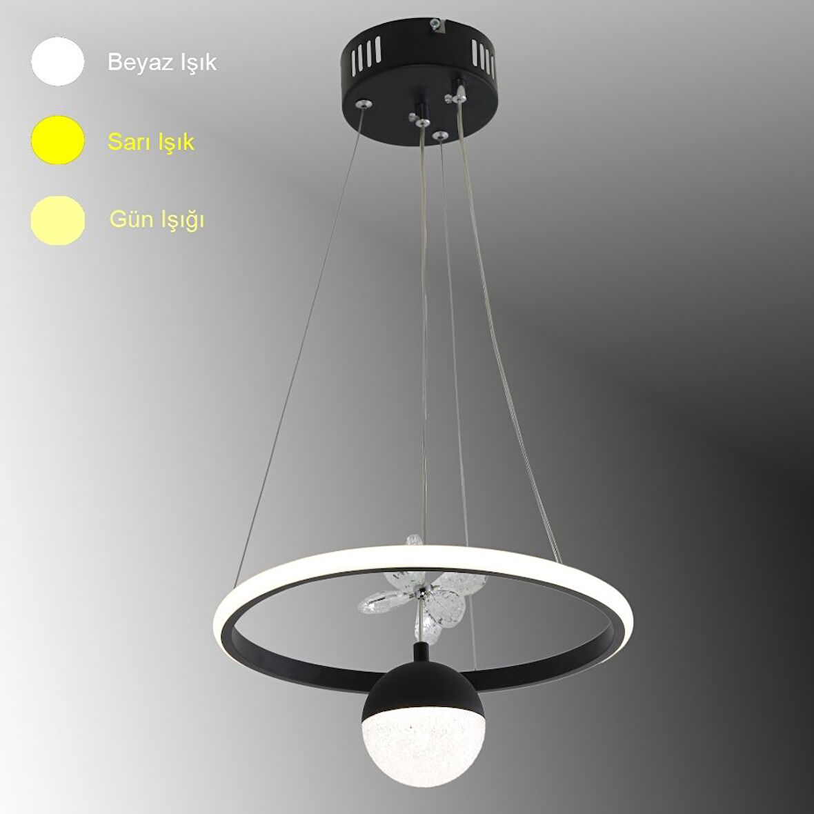 TT037-YUV-SY TT Aydınlatma Yuvarlak Model Mat Siyah Tek Toplu 3 Renk Led Avize