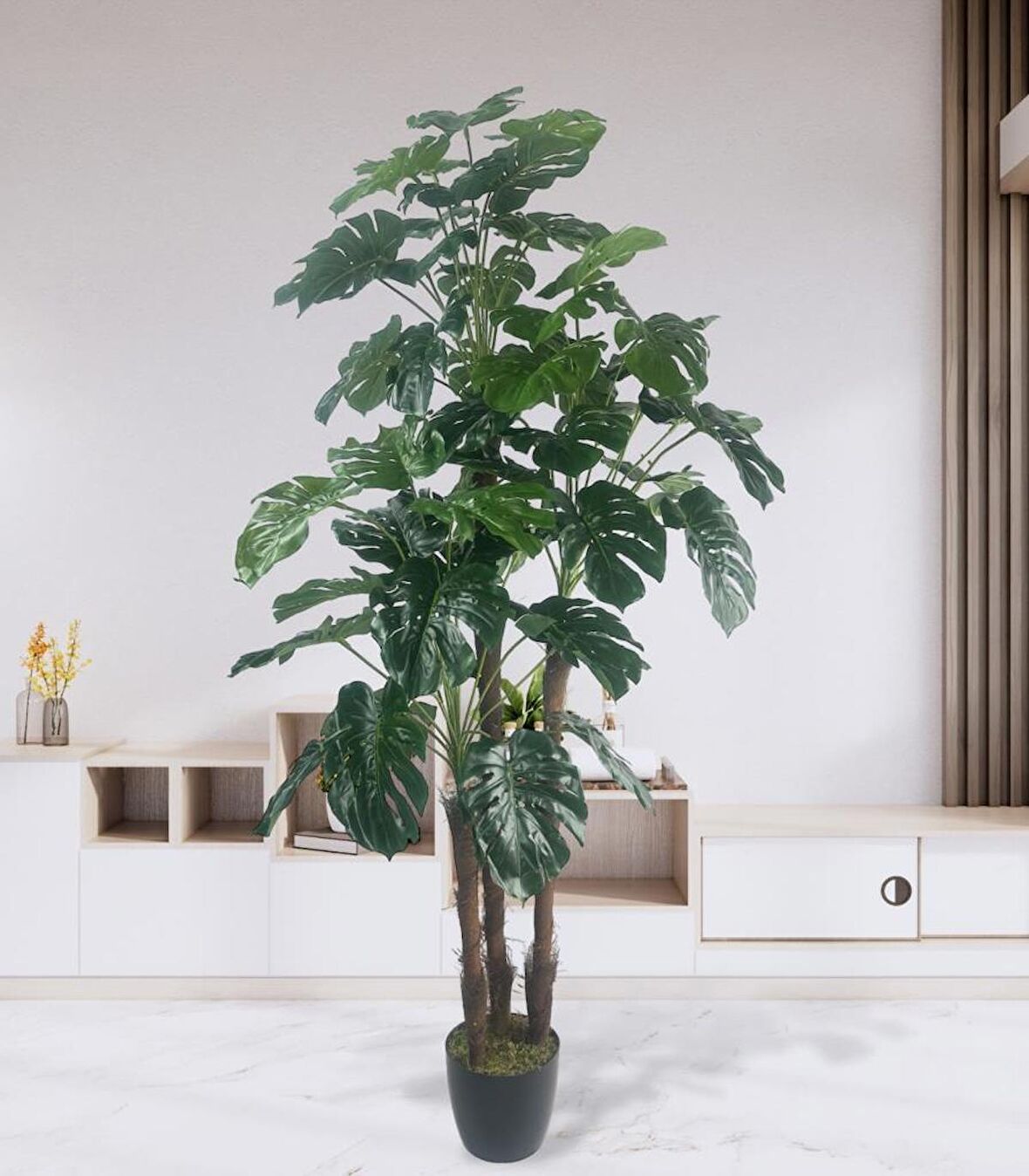 Yapay Çiçek Monstera Yeşil Deve Tabanı 3Katlı 135cm 54Yaprak Siyah Plastik Saksıda Yapay Bitki