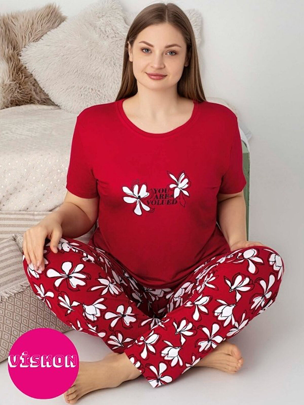 Kadın Bisiklet Yaka Düğmesiz Battal Kesim Viskon Yazlık Kısa Kol Cepli Büyük Beden Pijama Takımı