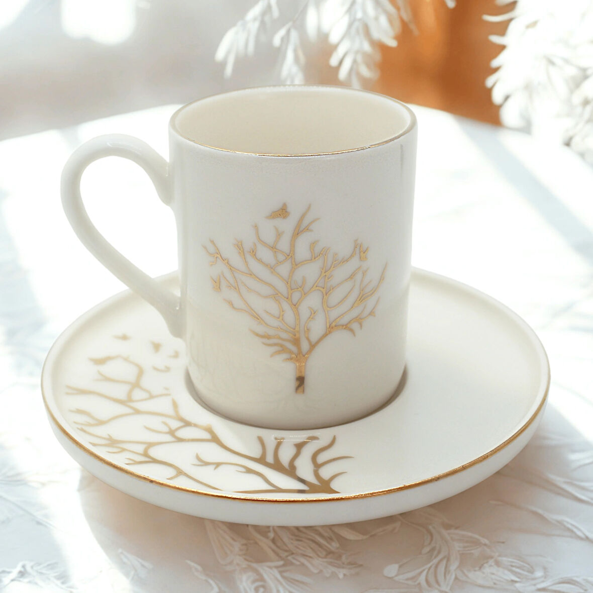 Altın Hayat Ağacı İkili Desenli 6 Kişilik Porselen Kahve Fincan Takımı