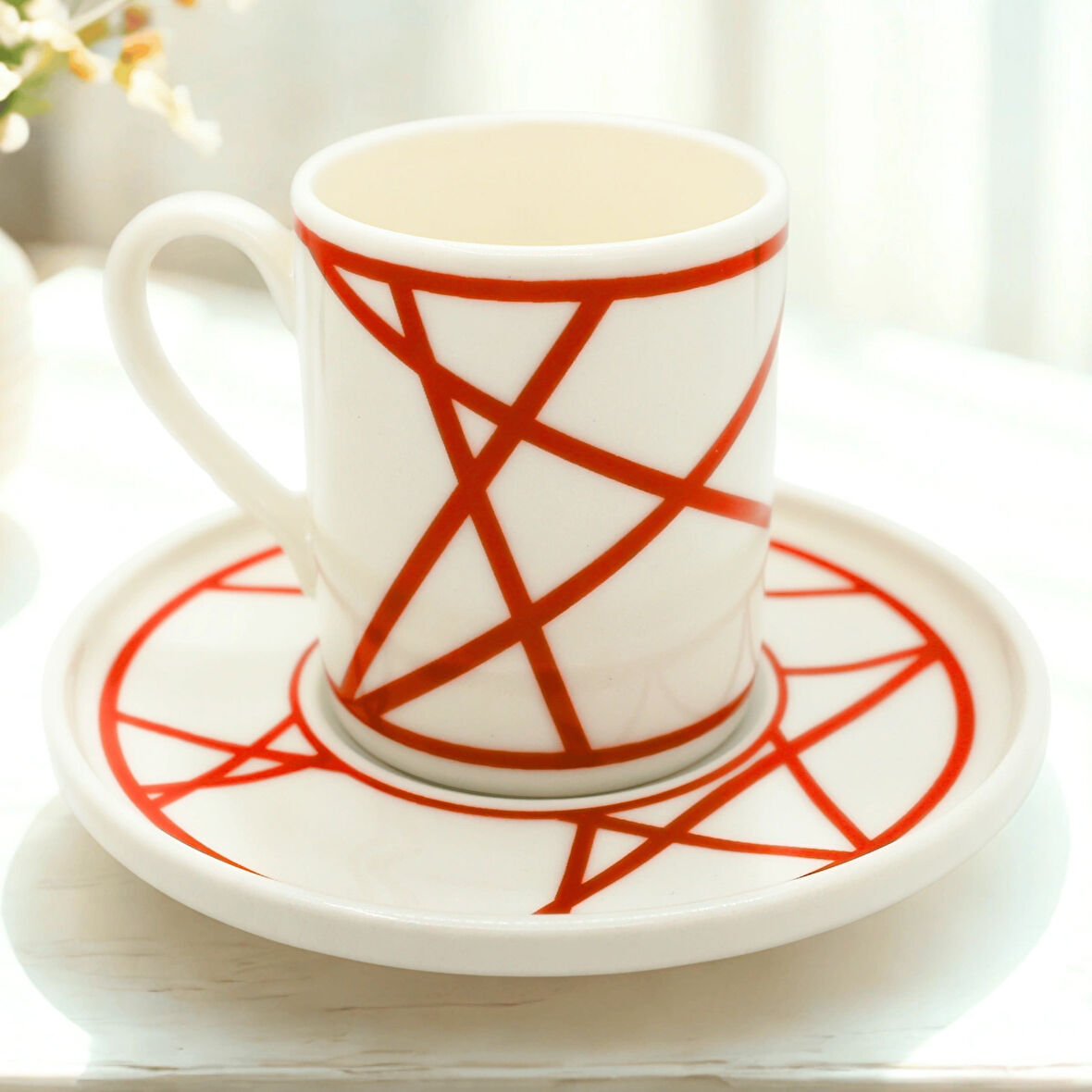 Renkli Geometrik Çizgili 6 Kişilik Porselen Kahve Fincan Takımı