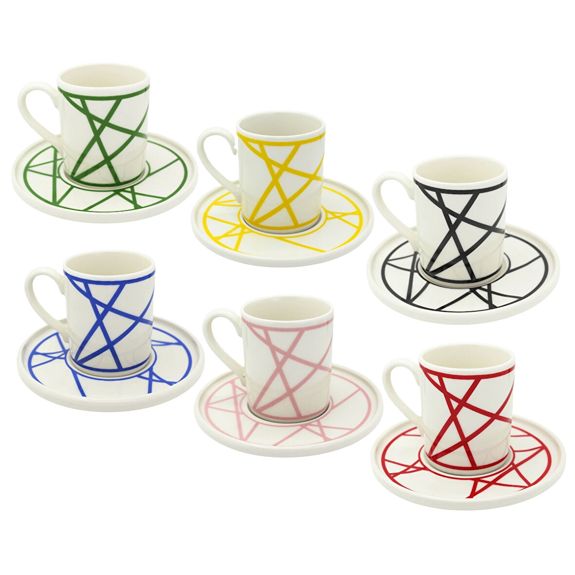 Renkli Geometrik Çizgili 6 Kişilik Porselen Kahve Fincan Takımı