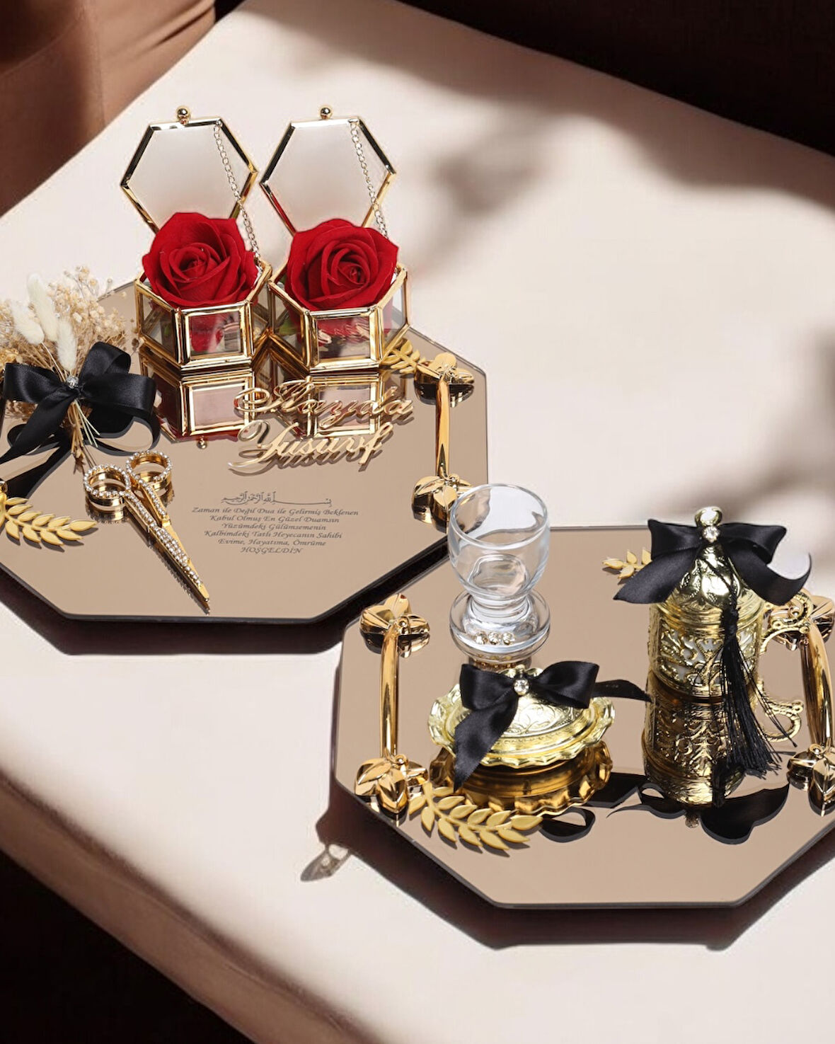 Affinity Sekizgen Gold Söz Nişan Tepsisi ve Damat Kahve Fincan Tepsisi