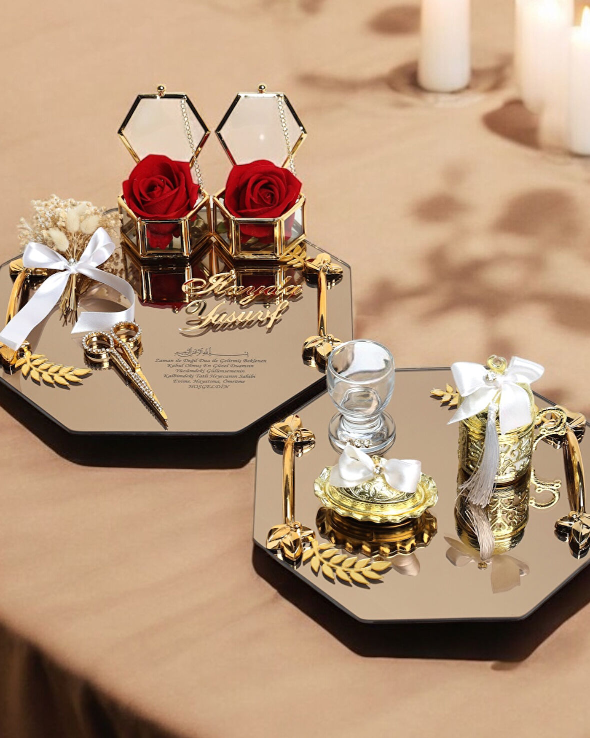 Affinity Sekizgen Gold Söz Nişan Tepsisi ve Damat Kahve Fincan Tepsisi