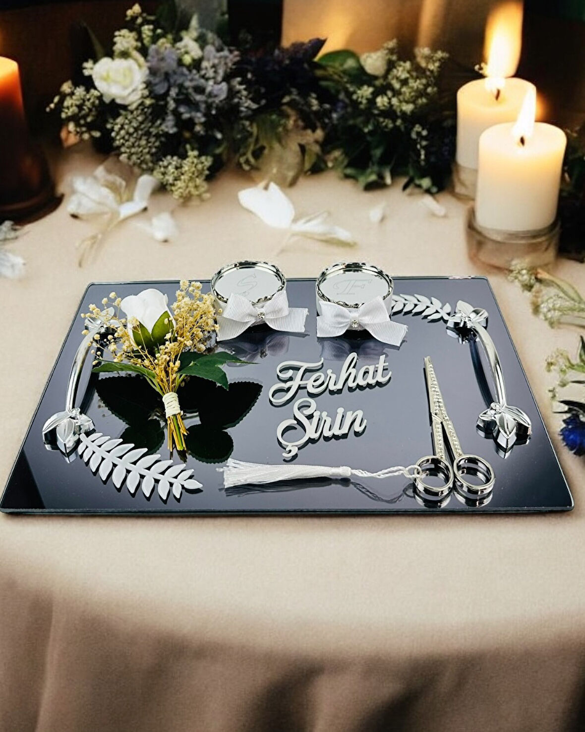 Elegance Gümüş Yapraklı Söz Nişan Tepsisi