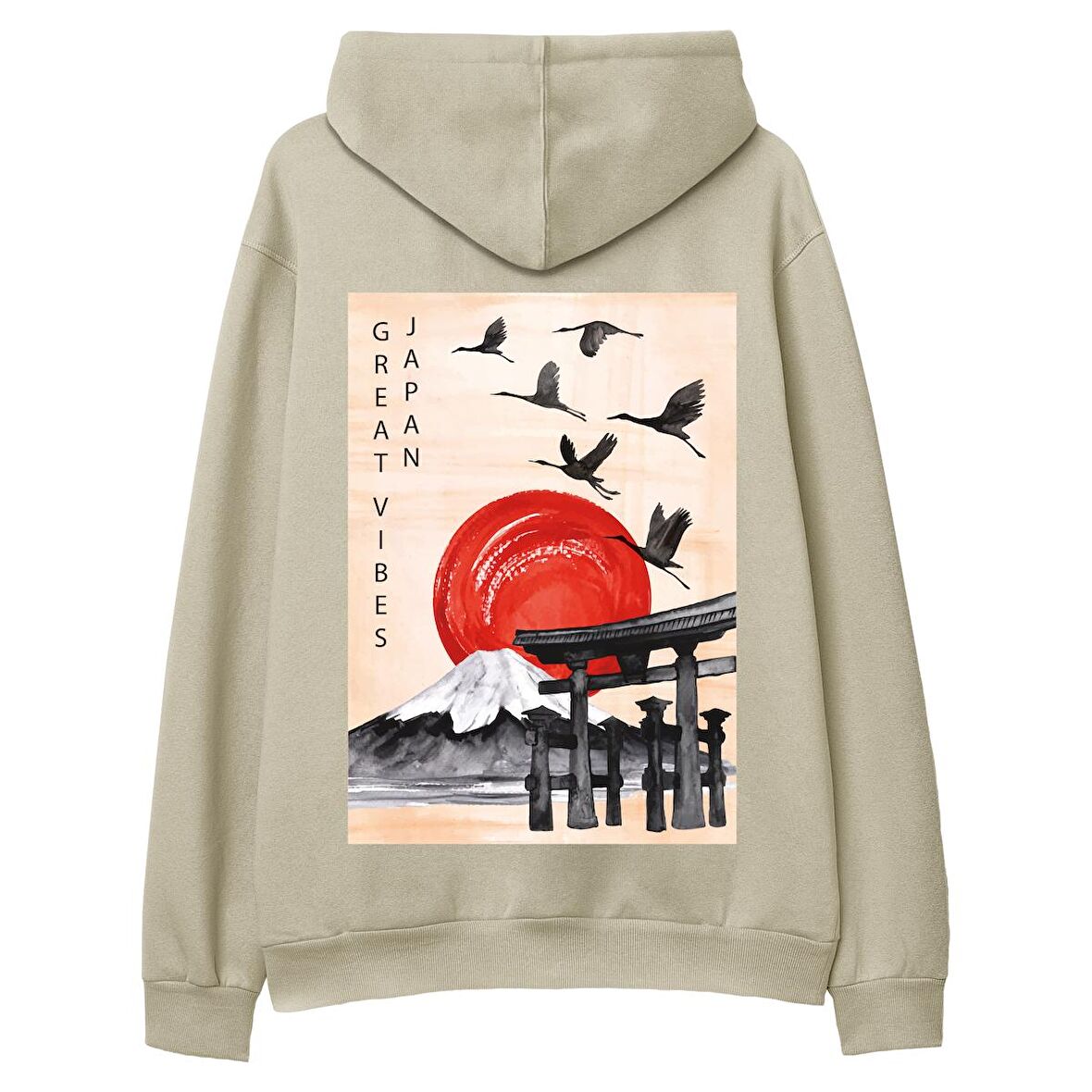 Japan Sırt Baskılı Hoodie-Krem