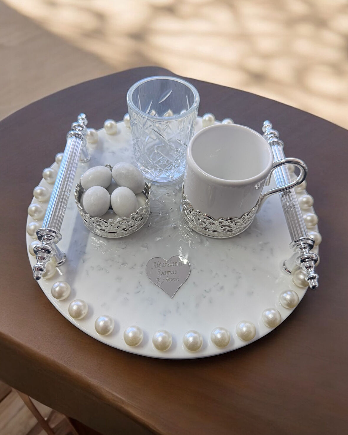 Faye İncili Gümüş Söz Kahve Tepsisi