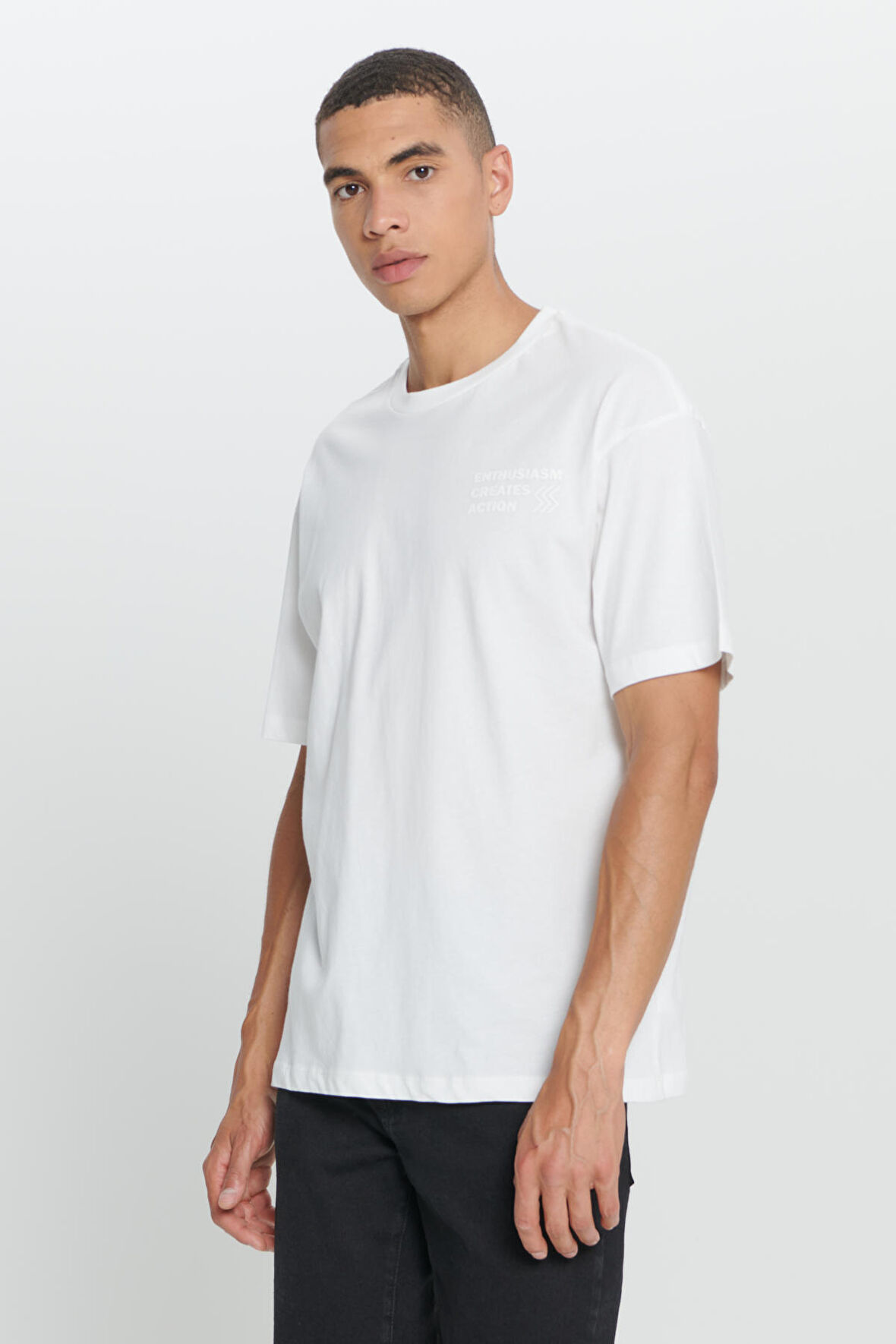 Loose Fit Bol Kesim %100 Pamuk Baskılı Bisiklet Yaka Tişört