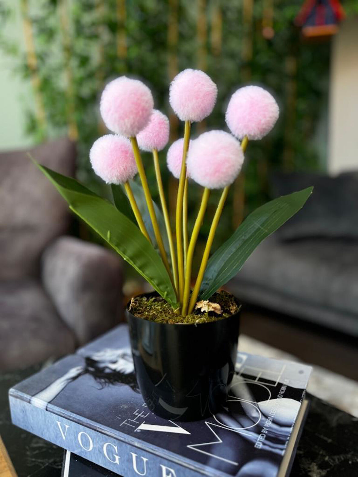 Yapay Çiçek Pembe Pompon Siyah Saksıda Dekoratif Yapay Çiçek 30*20cm