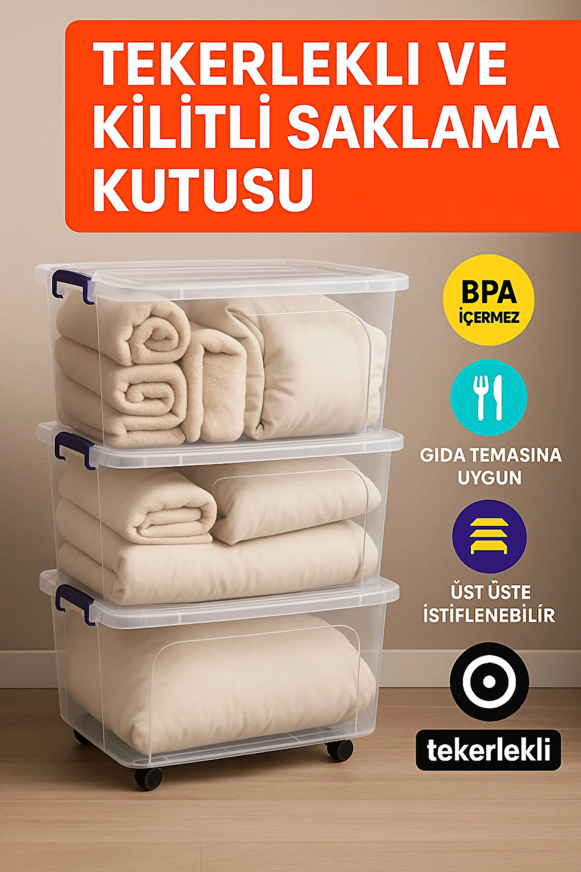 3'lü Set 80 LT Tekerlekli Kilitli Şeffaf Saklama Kutusu Büyük Boy Plastik Düzenleyeci Saklama Kabı