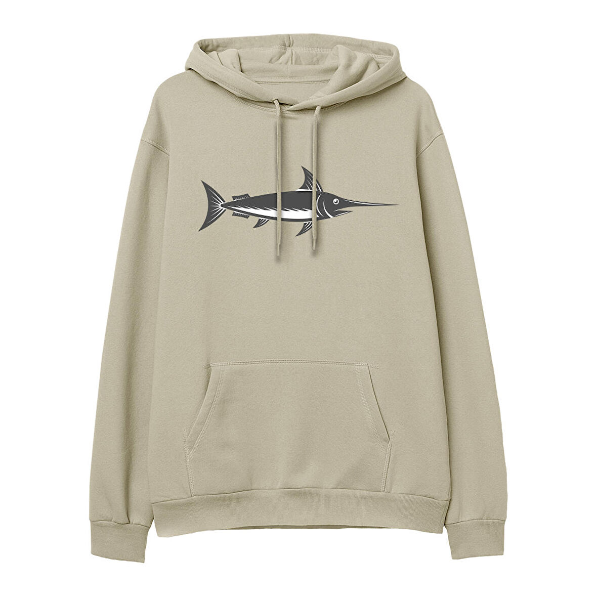 Fish  Baskılı Krem Hoodie