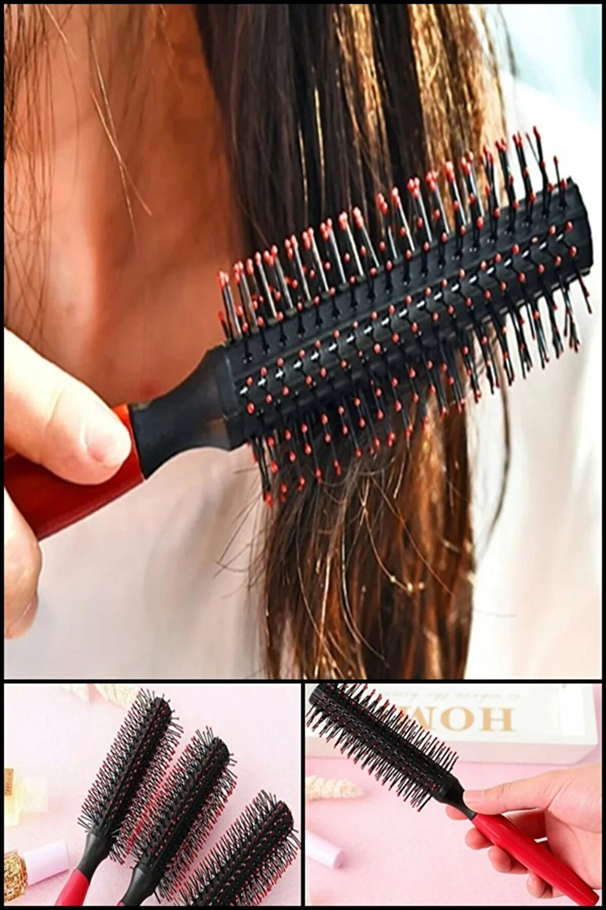 Profesyonel Boncuklu Fön Fırçası Fön Tarağı Pembe Natural Boncuk Isıya Dayanıklı XLT920