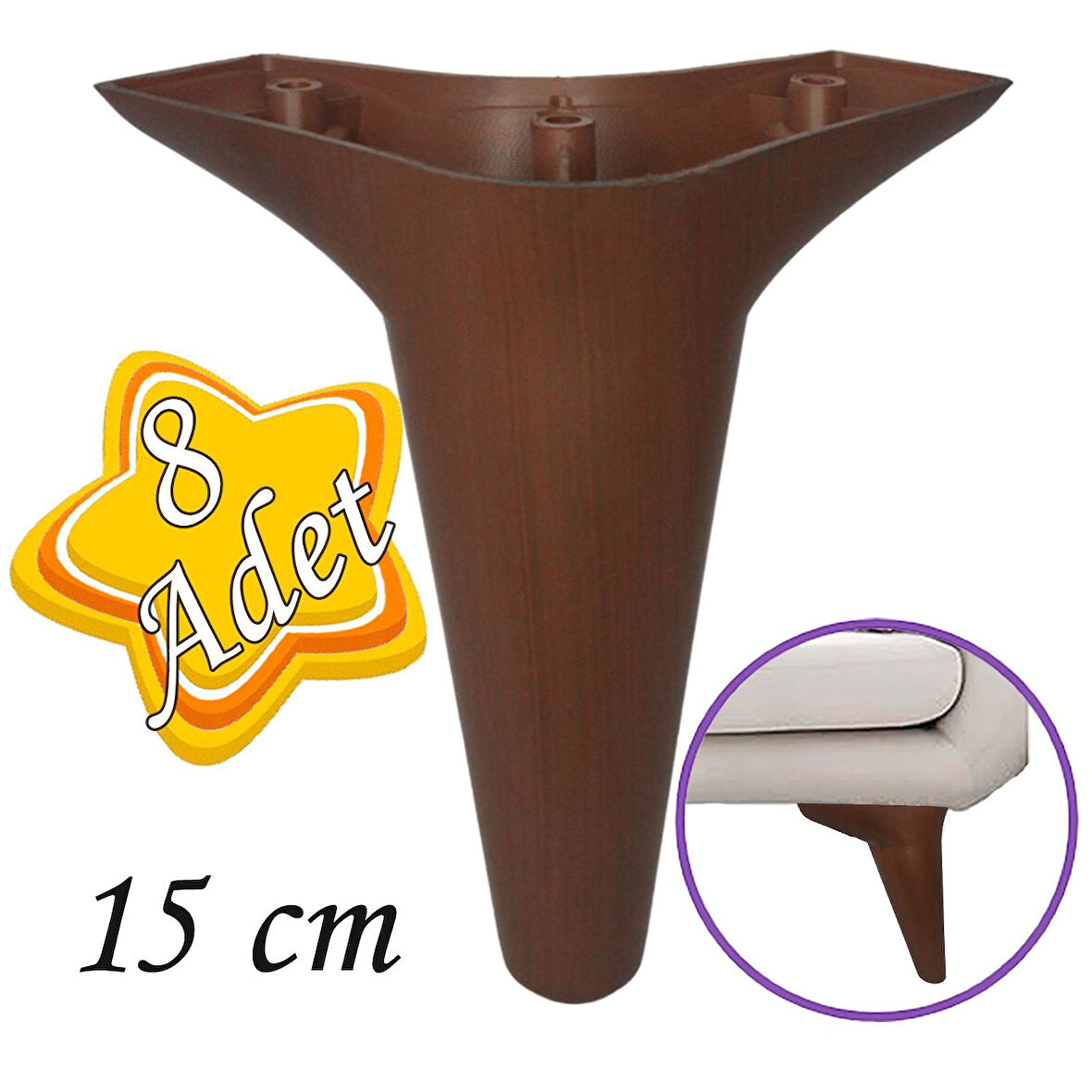 8 Adet Zelve 15 cm Ceviz Ahşap Desenli Lüx Mobilya Kanepe Sehpa Ünite Koltuk Ayağı Baza Ayak 
