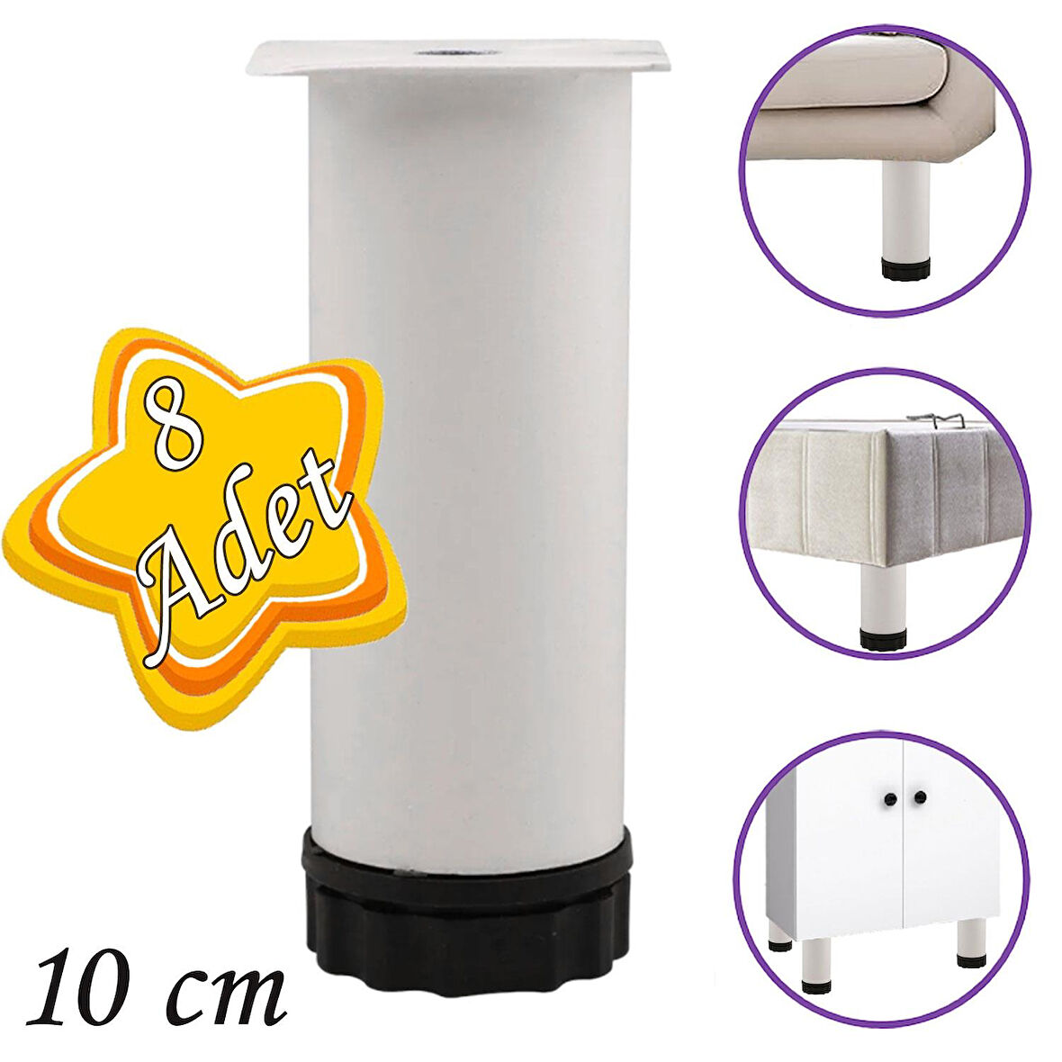 8 Adet Metal Ayarlanabilir 10 cm Beyaz Destek Ayağı Mobilya Kanepe Baza Koltuk Dolap Sehpa TV Ünitesi Ayağı