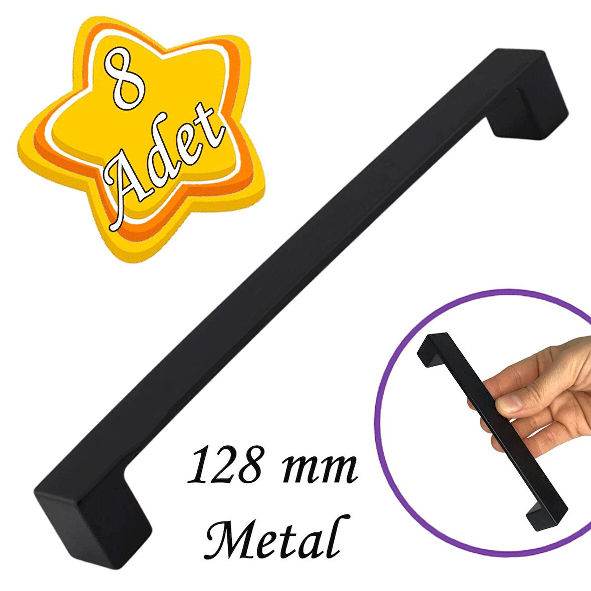 8 Adet Bihter Düz Kulp 128 mm Siyah Mutfak Kulpu Çekmece Dolap Kapak Kulbu Metal  Mobilya Dolabı Kulpları 