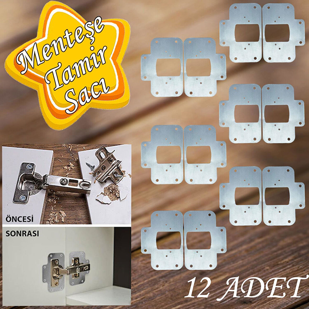 Dolap Kapak Taş Menteşe Tamir Sacı Pratik Onarım Kiti Krom Metal Yuva Tablası 6.5 x 9 cm (12 ADET)