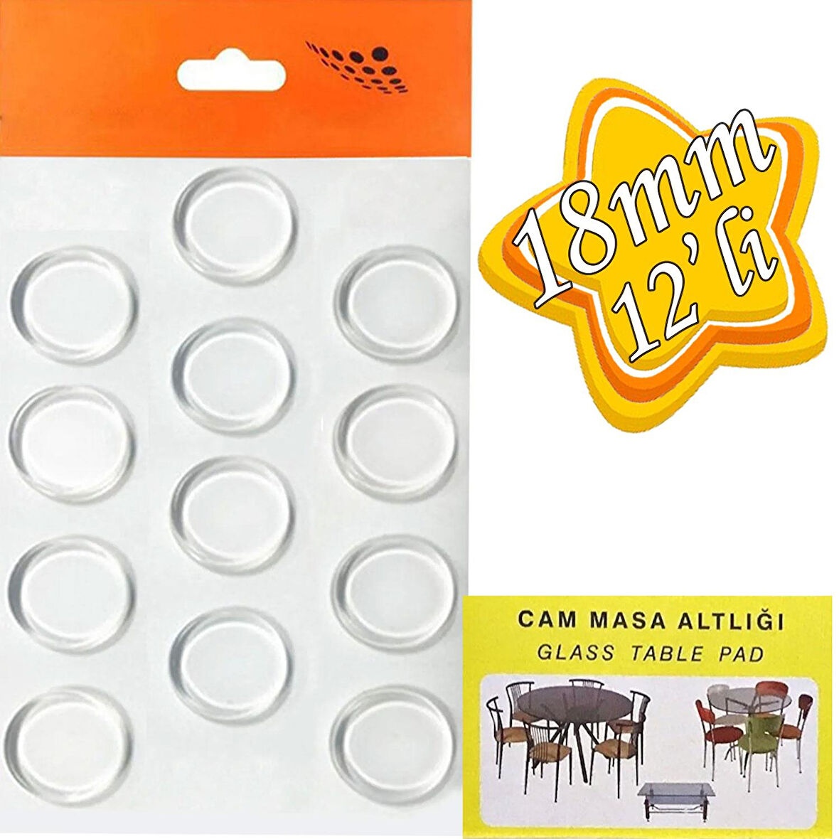 Yapışkanlı Cam Tutucu Şeffaf 18mm 12'li Mobilya Raf Ses Tutucu