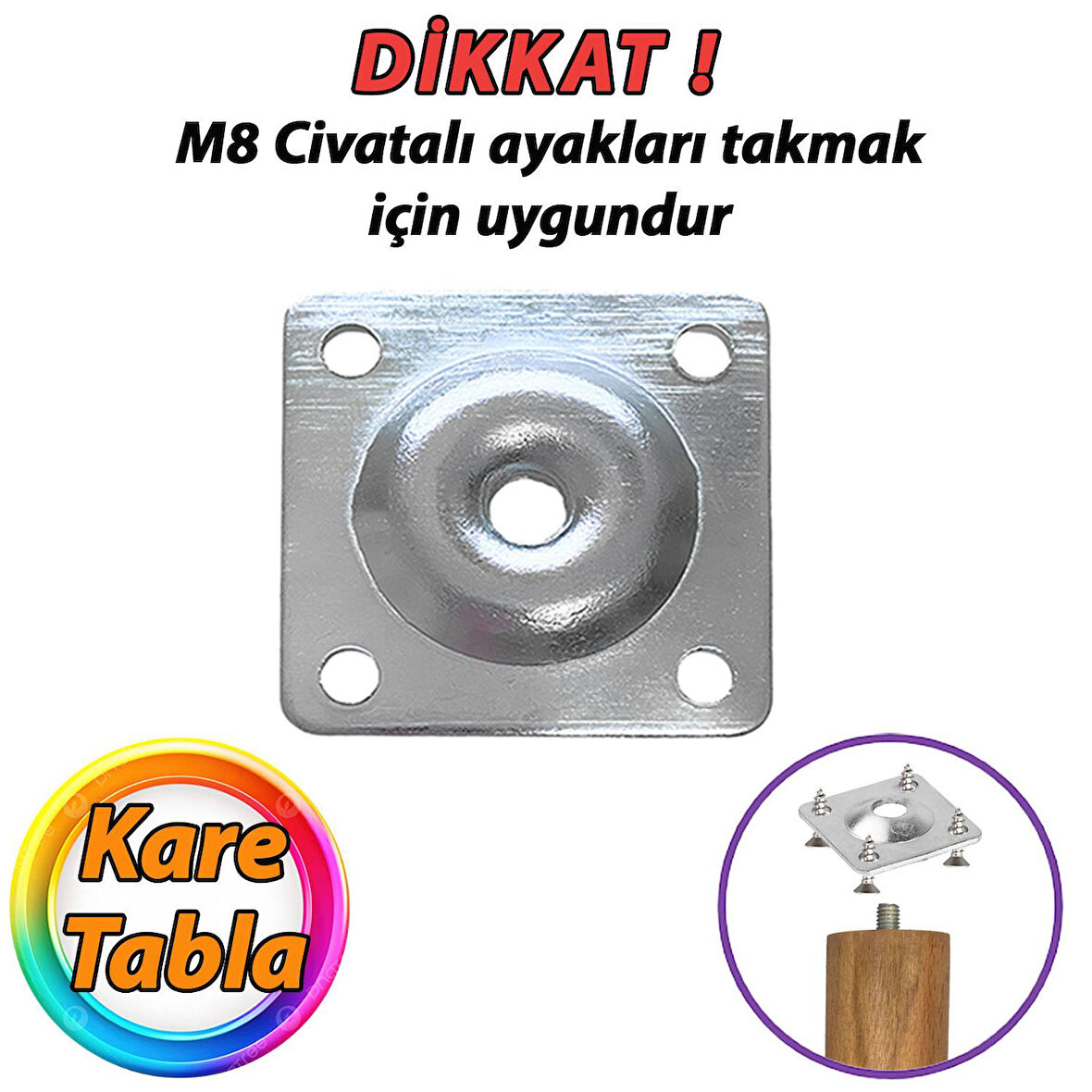 Mobilya Baza Koltuk Zigon Sehpa Ayağı Metal Bağlantı Aparatı Düz Ayak Tabanı M8 Civatalı Kare Tabla