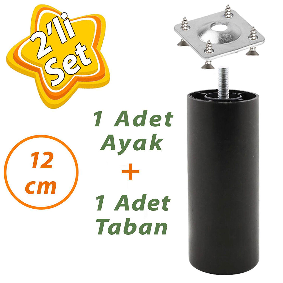 Destek Ayağı 12 cm Siyah + Metal Düz Ayak Tabanı M8 Civatalı İnce Diş Mobilya Kanepe Baza Koltuk Seti