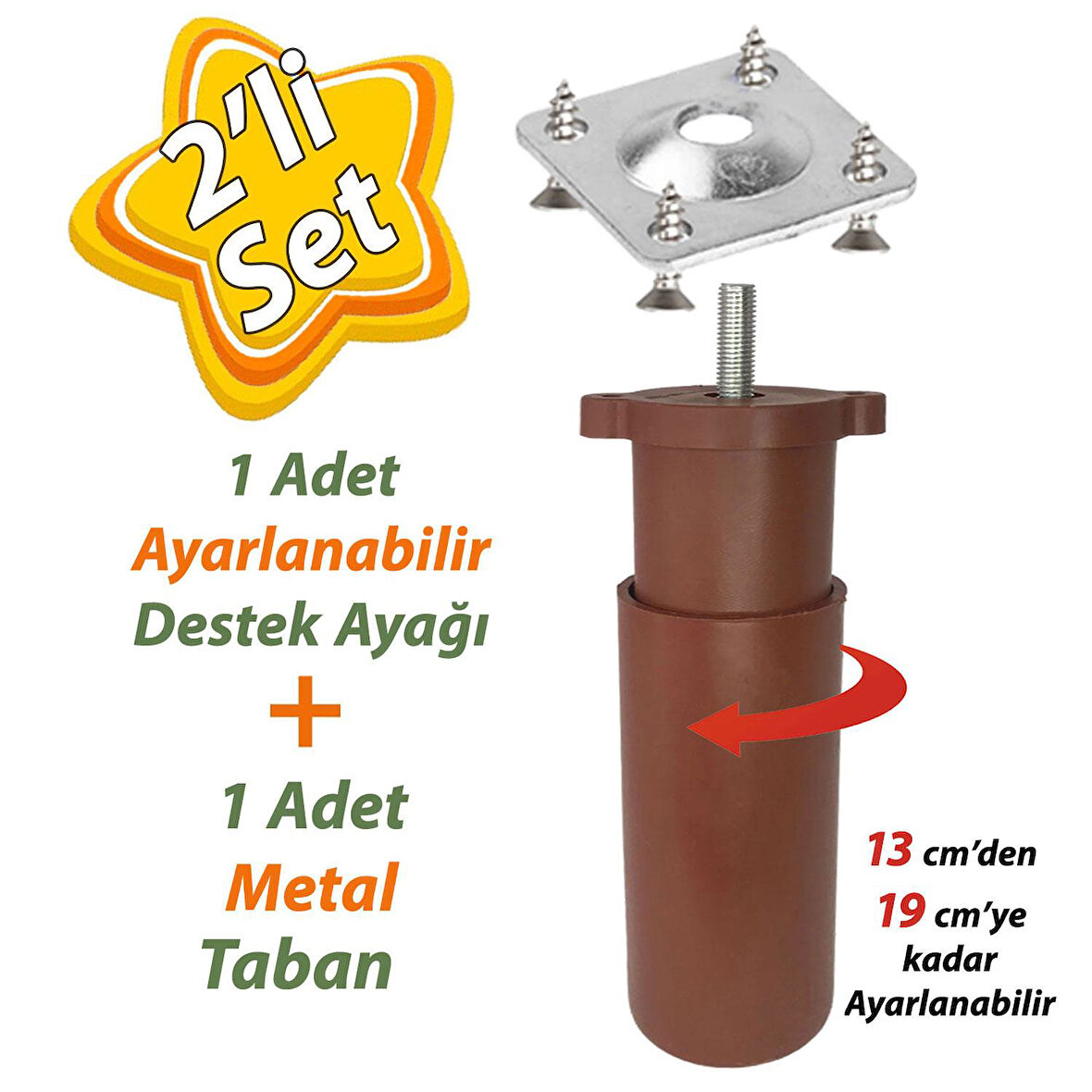 Destek Ayağı 13-19 cm Kahverengi ve Metal Düz Ayak Tabanı M8 Civatalı İnce Diş Mobilya Kanepe Baza Koltuk Seti