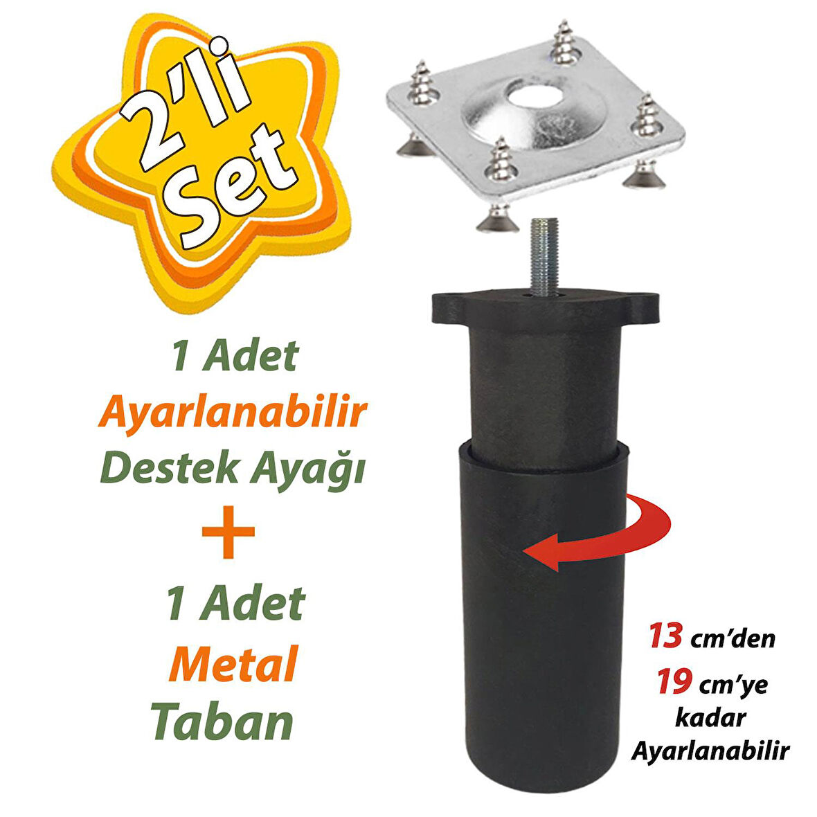 Destek Ayağı 13-19 cm Siyah ve Metal Düz Ayak Tabanı M8 Civatalı İnce Diş Mobilya Kanepe Baza Koltuk Seti