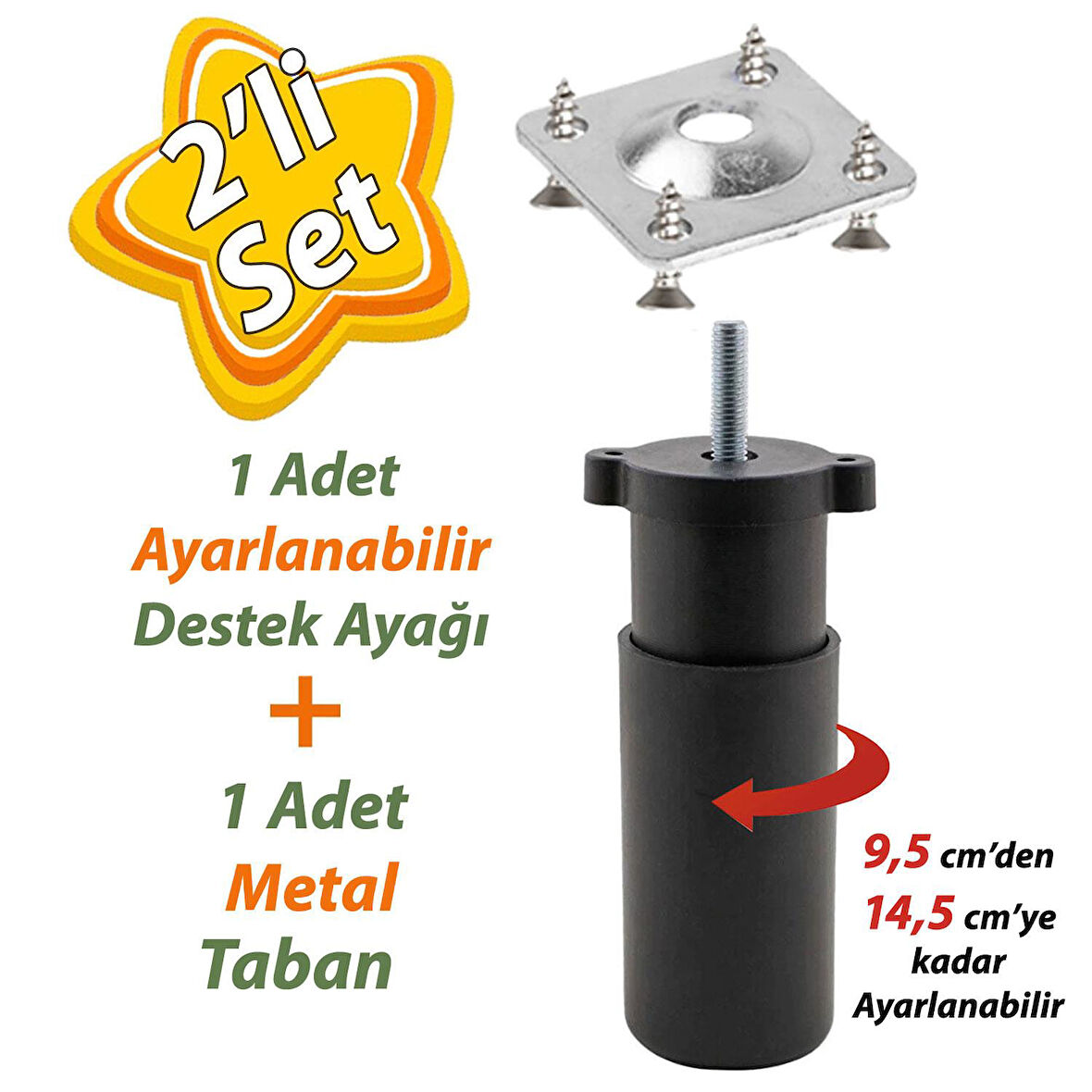 Destek Ayağı 9,5-14,5 cm Siyah ve Metal Düz Ayak Tabanı M8 Civatalı İnce Diş Mobilya Kanepe Baza Koltuk Seti