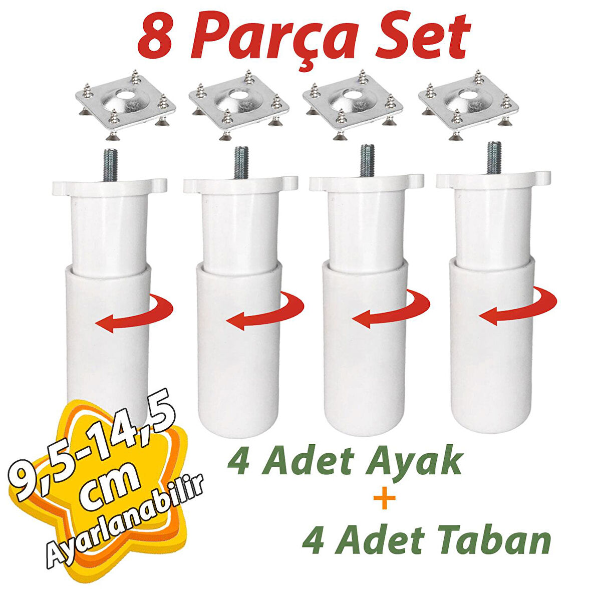 4 Adet Destek Ayağı 9,5-14,5 cm Beyaz  ve 4 Adet Metal Düz Ayak Tabanı M8 Civatalı İnce Diş Mobilya Kanepe Baza Koltuk Seti