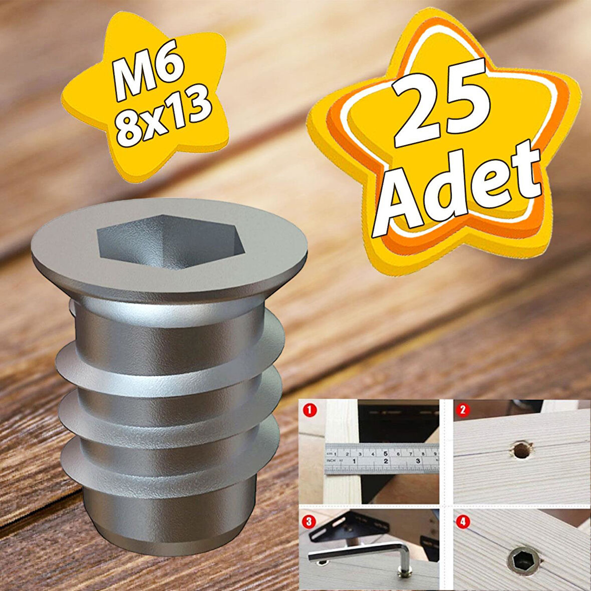 Metal Düz Dişli Dübel Ahşap Dübeli M6 8x13 Diş Çinko Mobilya Bağlantı Ünite Birleştirme (25 ADET)